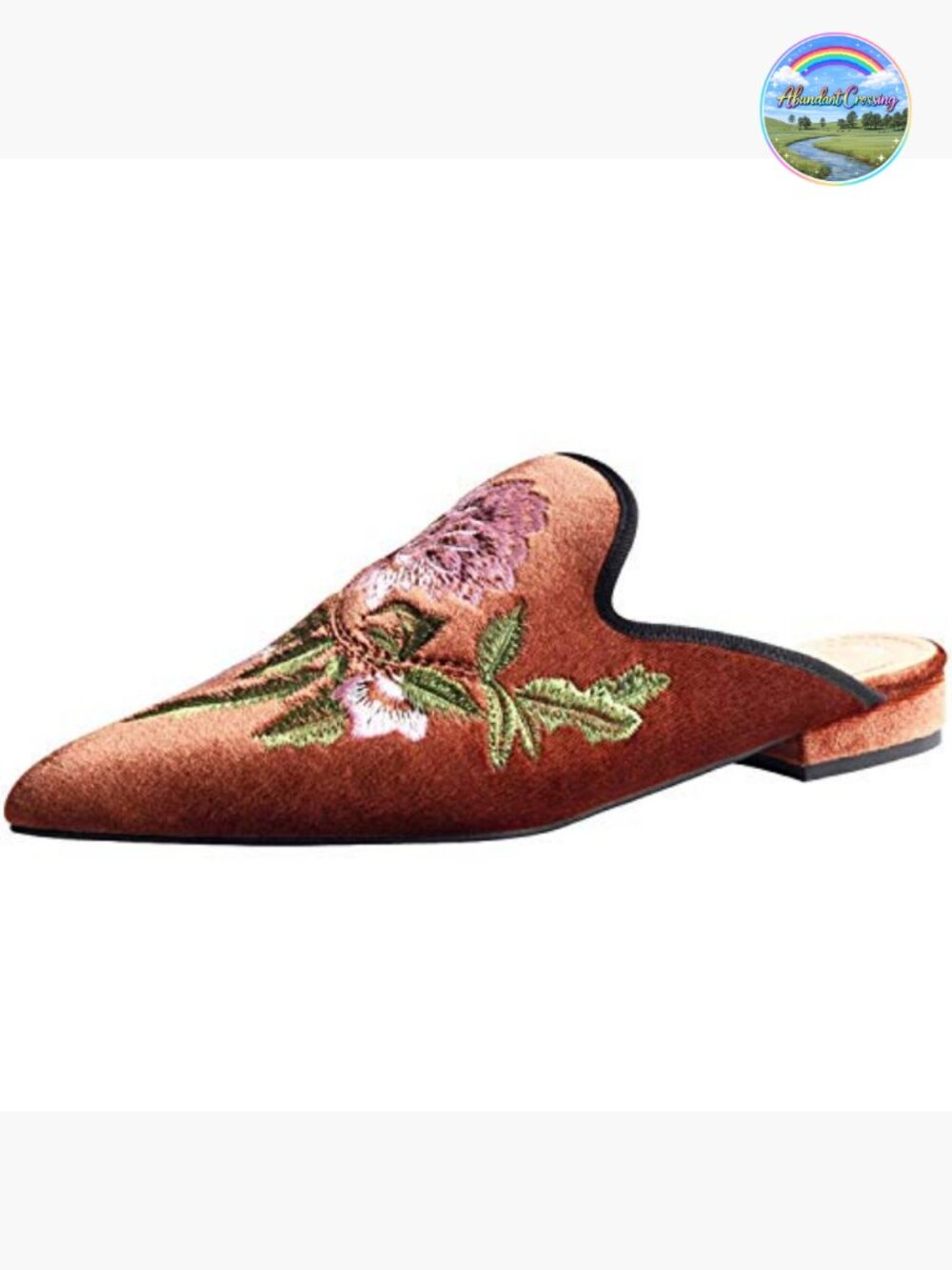 Velvet Backless Pointed Toe Slip On Loafers Flats Embroidery Mule Slippers - Picture 2 of 5